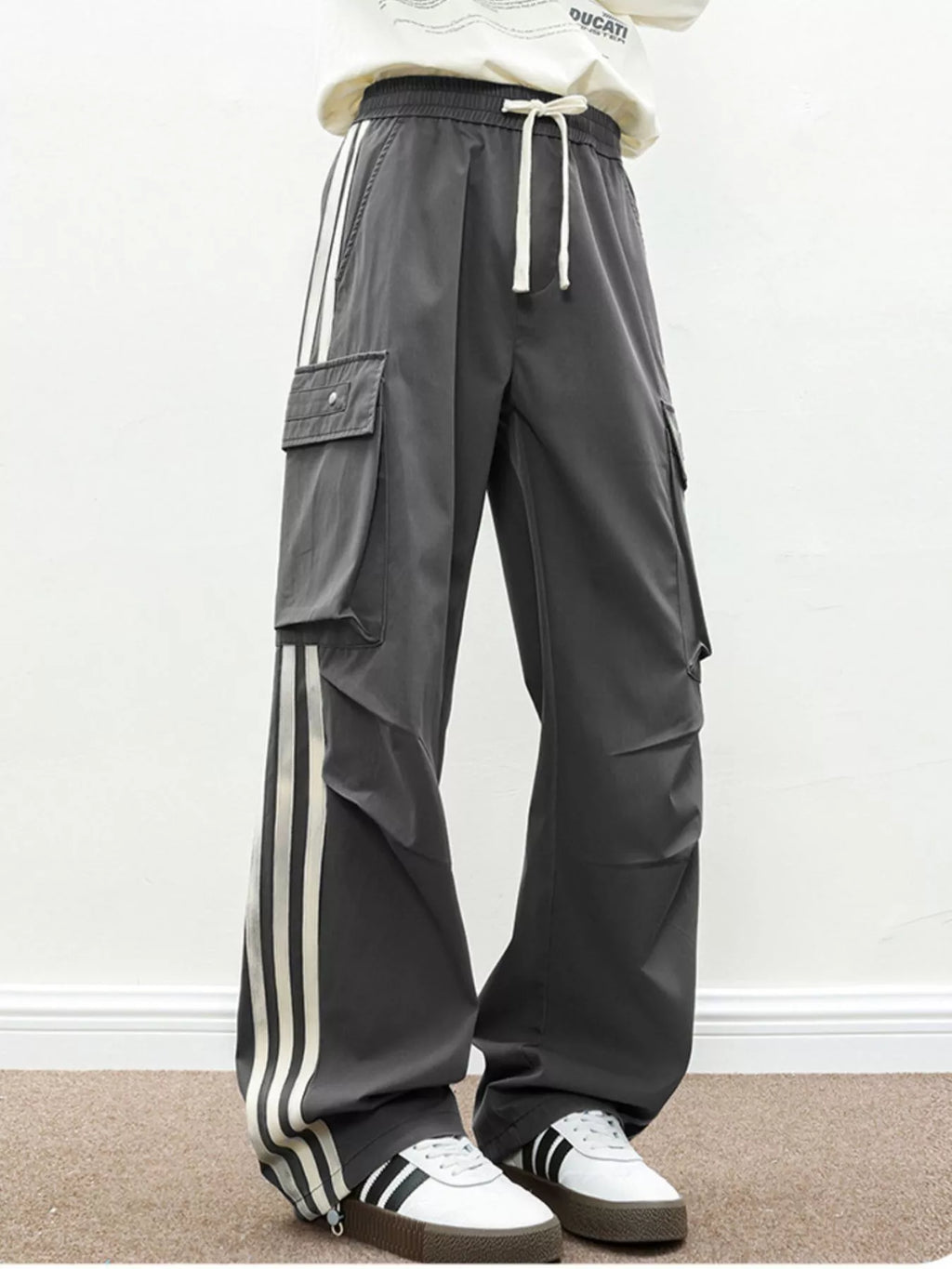 Men's Plus Size Casual Loose Cargo Pants with Side Stripes