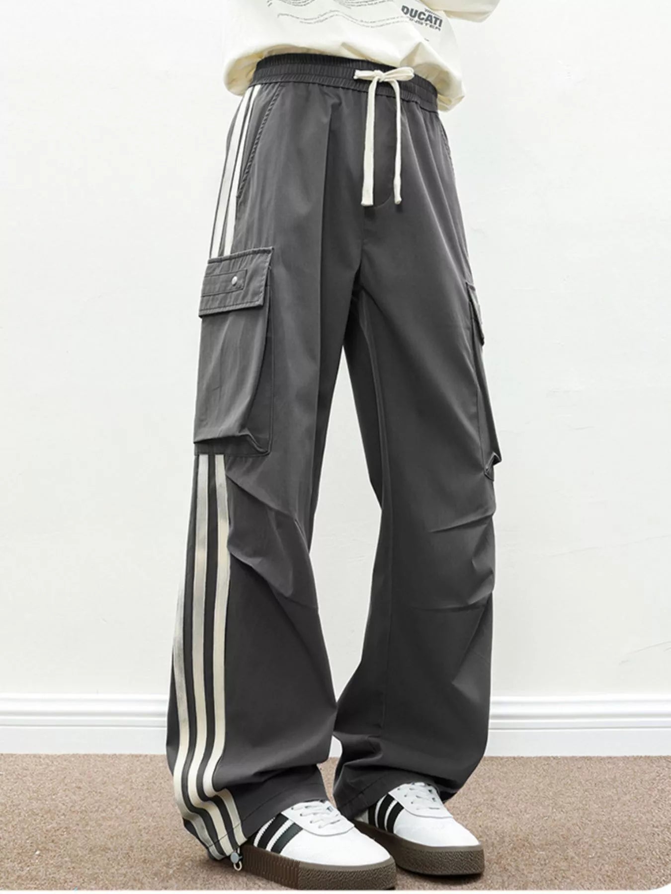 Men's Plus Size Casual Loose Cargo Pants with Side Stripes