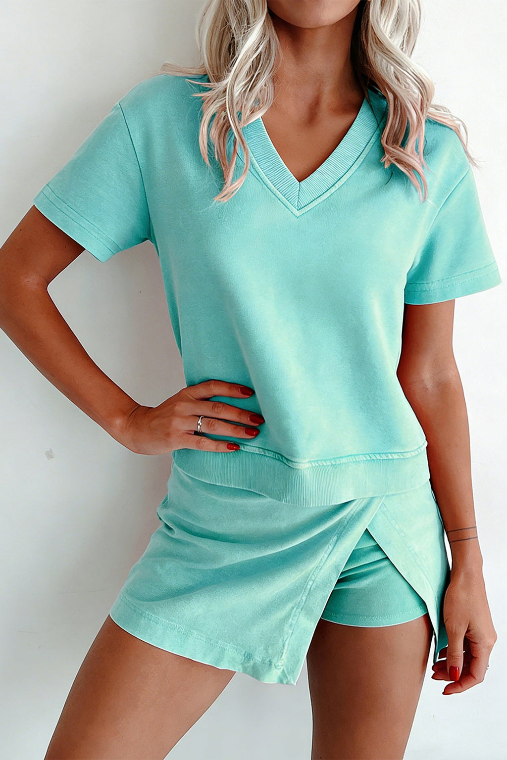 Mint Green Mineral Wash V Neck Tee Matching Skort Set
