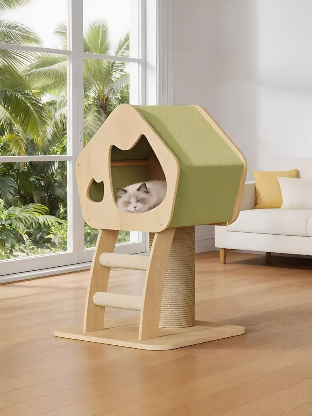 Modern Wooden Cat Condo with Scratching Post