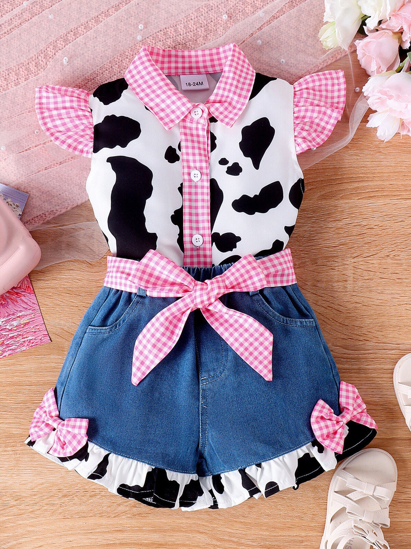 Children's Cow Print Ruffle Trim Top and Denim Shorts Set