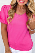 Strawberry Pink Casual Round Neck Bubble Sleeve T-shirt