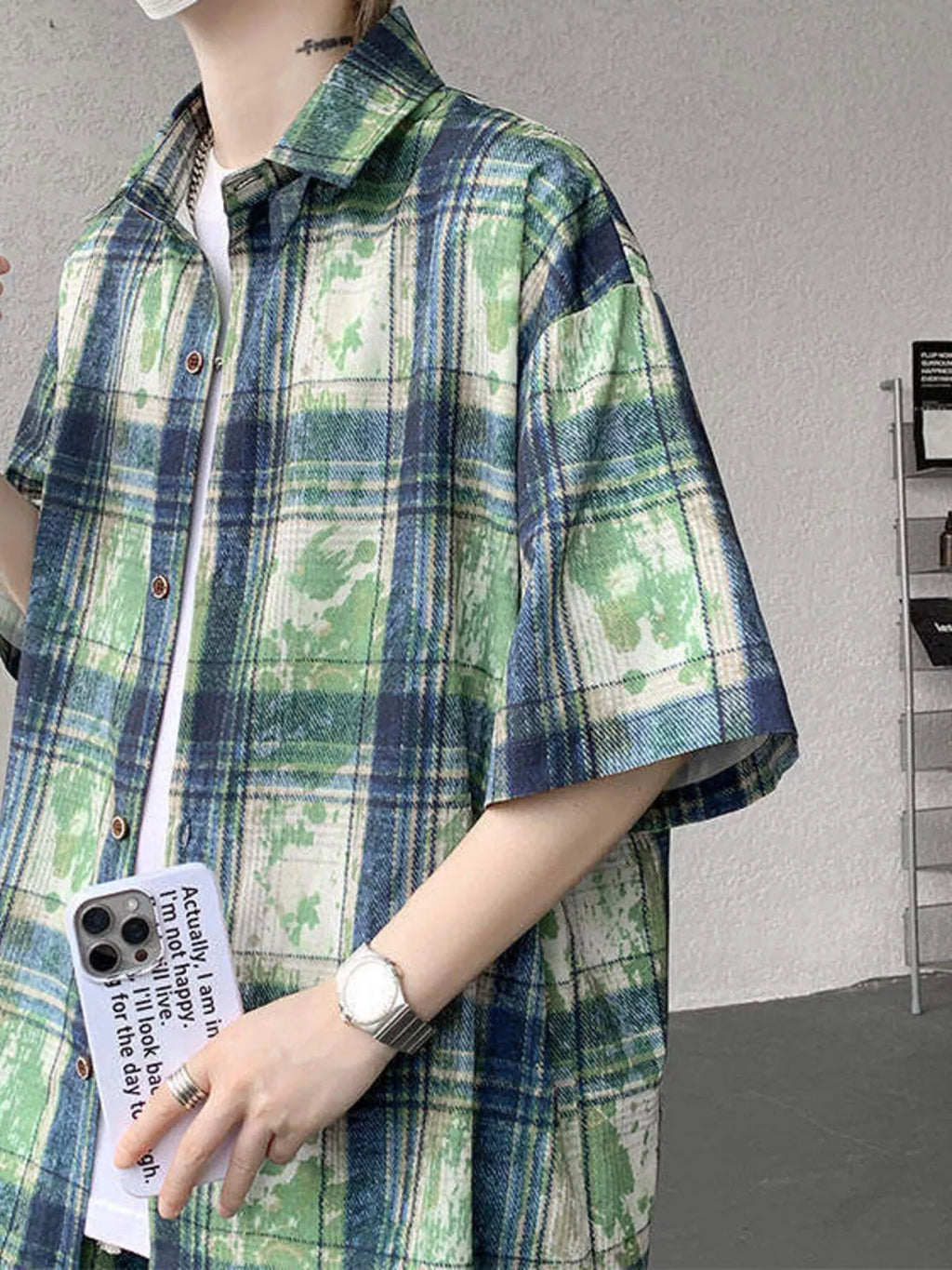 Men's Plus Size Casual Plaid Print Shirt & Shorts Set