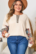 Parchment Plus Size Waffle Colorblock Striped Plaid Patchwork Half Button Pullover