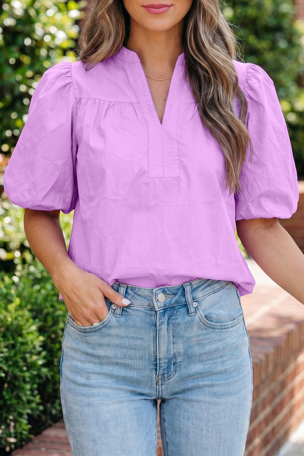 Phalaenopsis Stitched Detail V Neck Puffy Half Sleeve Blouse