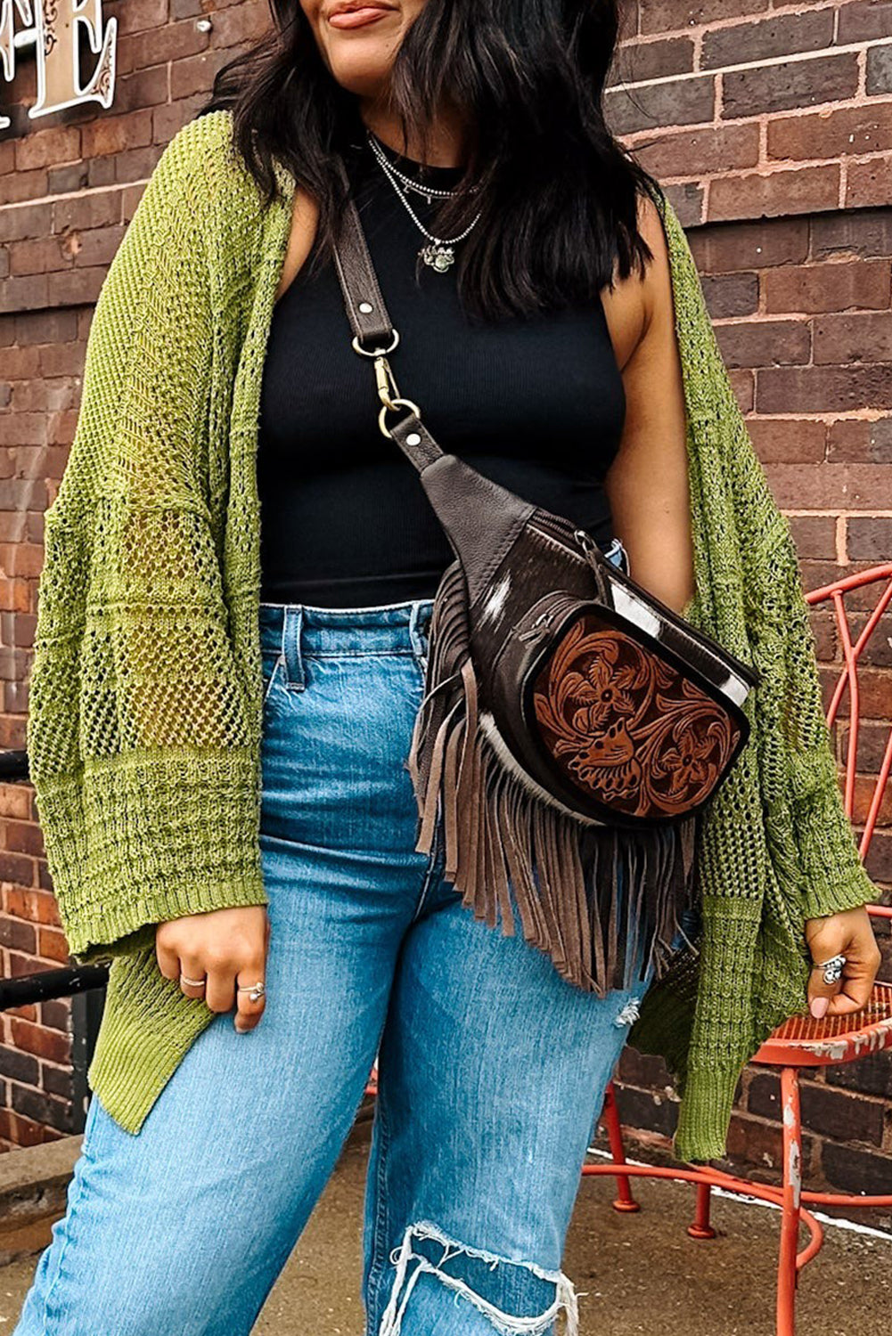 Spinach Green Oversize Crochet Knit Open Cardigan