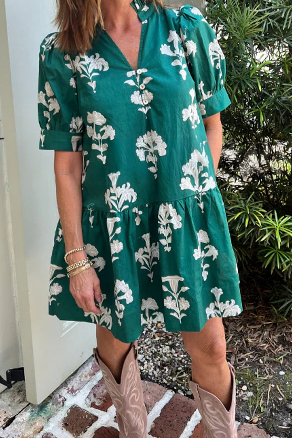 Green Frilled V Neck Puff Short Sleeve Floral Mini Dress