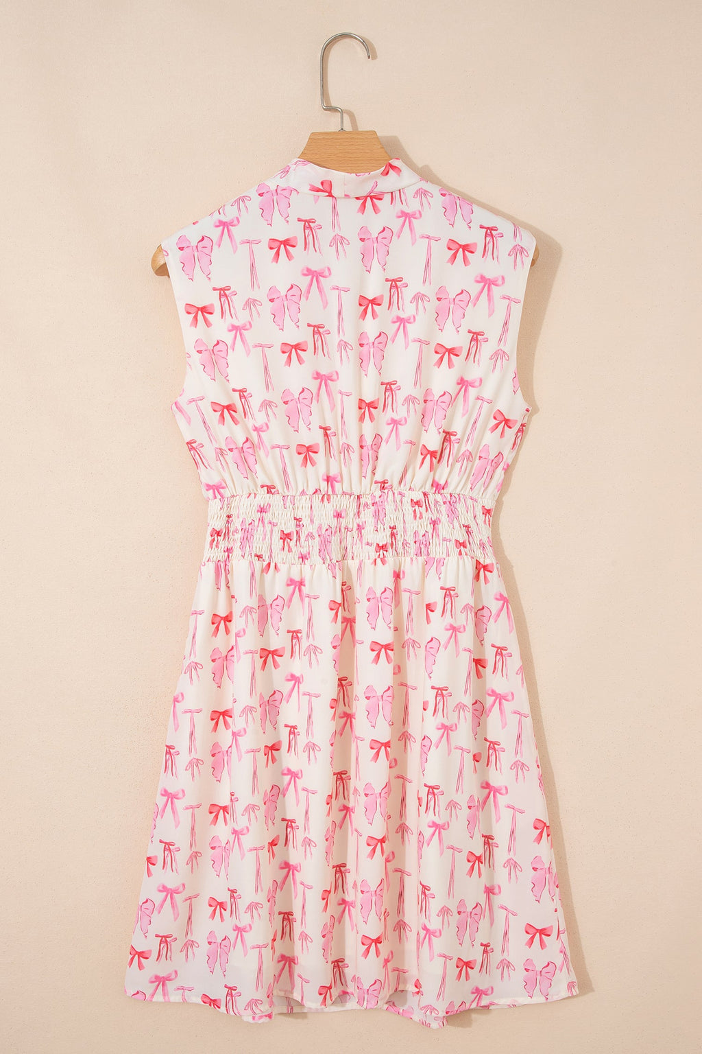 Pink Full Zip Cinched Waist Sleeveless Bow Mini Dress