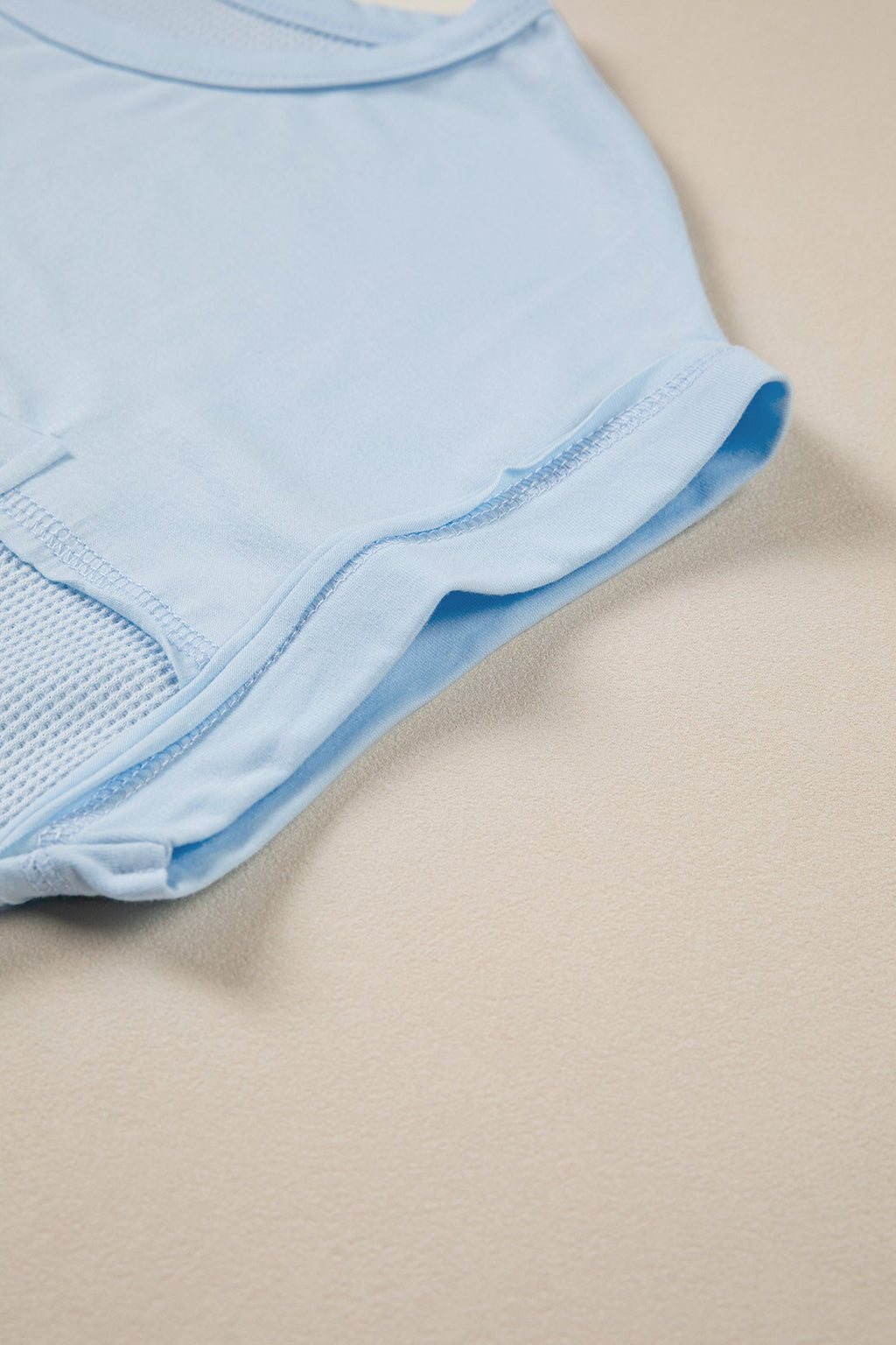 Light Blue Solid Color Raw Seam Waffled Patchwork Casual T Shirt