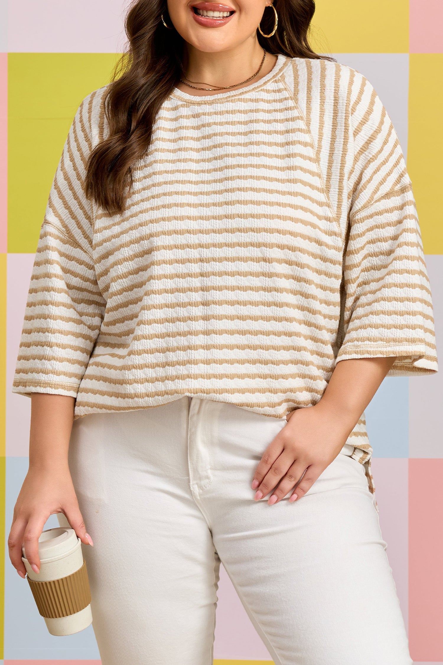 Apricot Stripe Plus Size Textured Patchwork Detail Half Sleeve Top