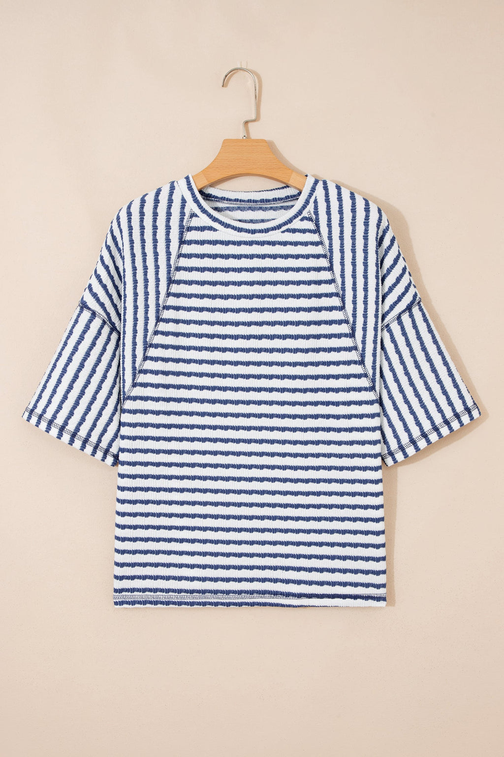 Blue Stripe Textured Knit Split Hem Half Sleeve Loose Top