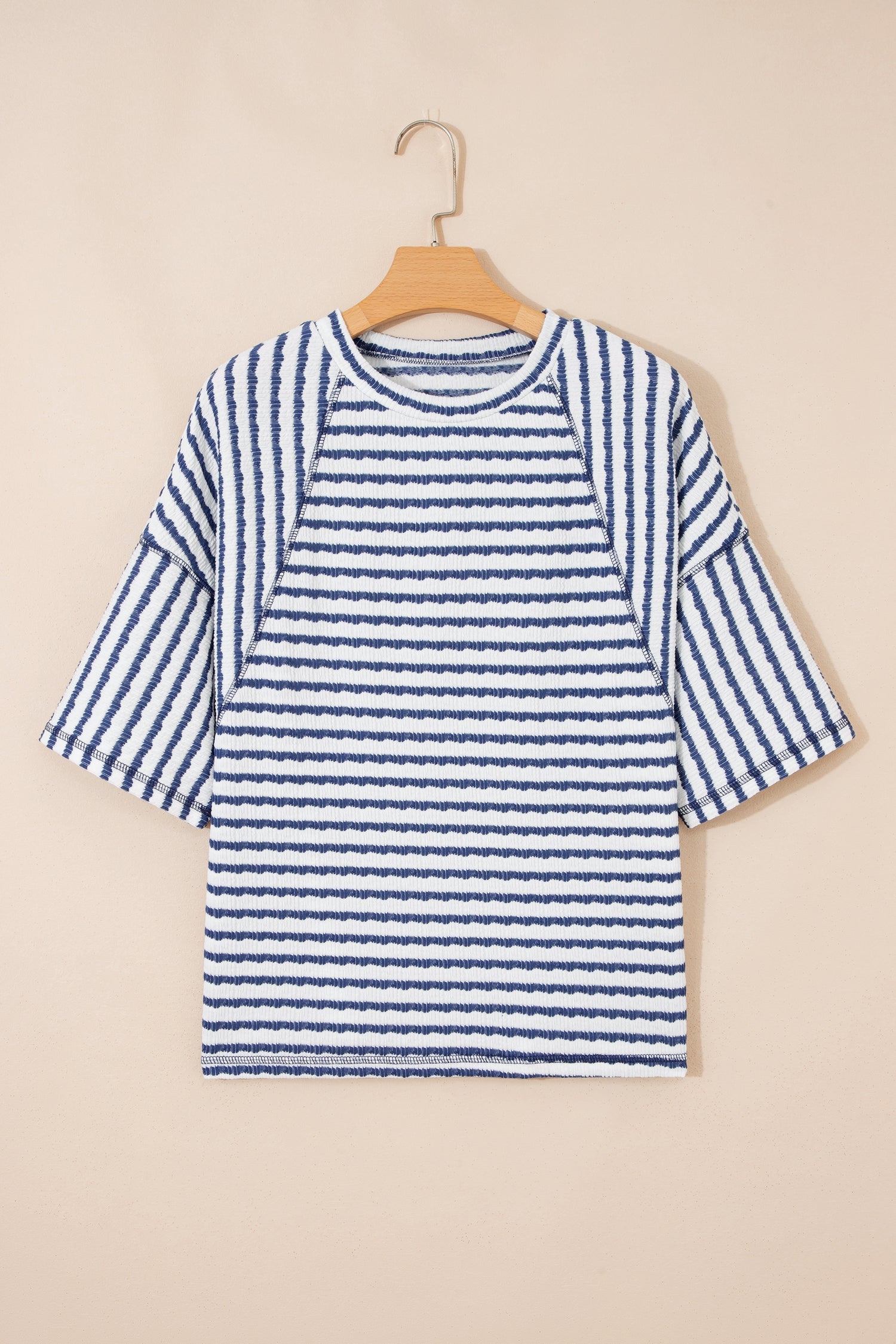 Blue Stripe Textured Knit Split Hem Half Sleeve Loose Top