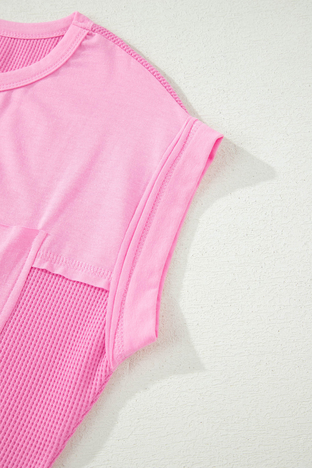 Pink Solid Color Raw Seam Waffled Patchwork Casual T Shirt