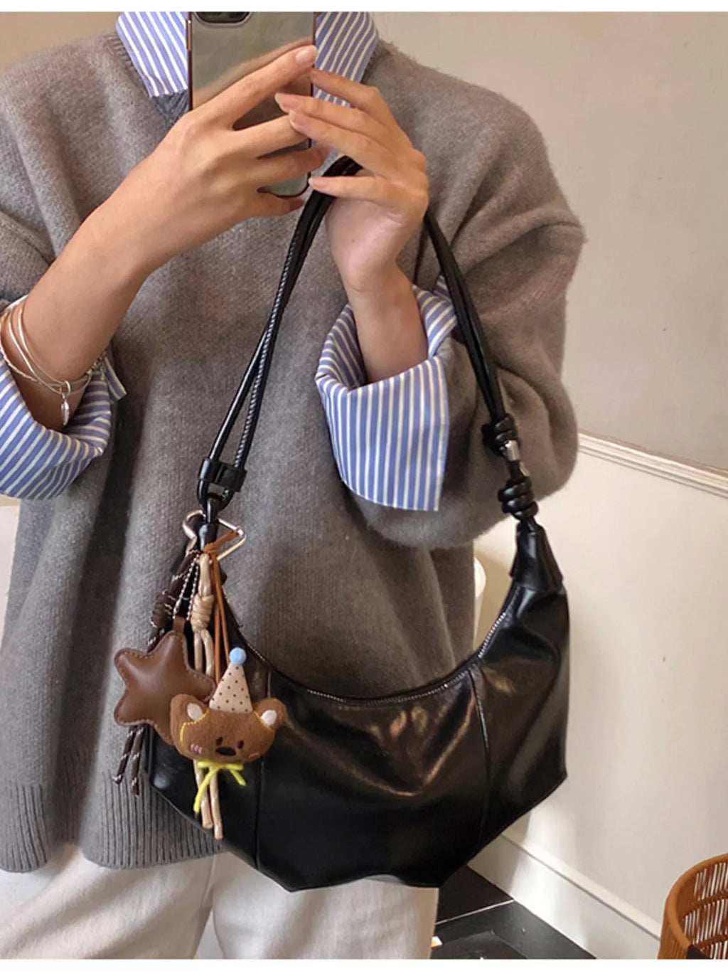 Crescent-Shaped Leather Shoulder Bag