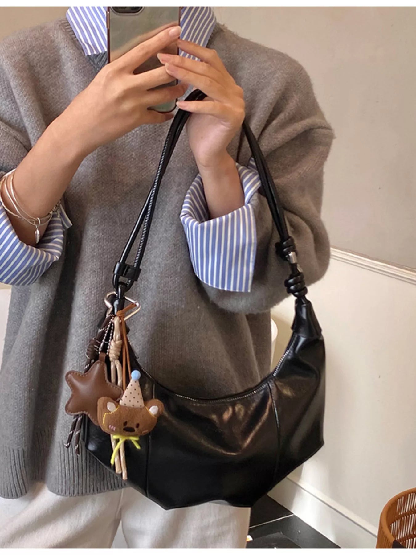 Crescent-Shaped Leather Shoulder Bag