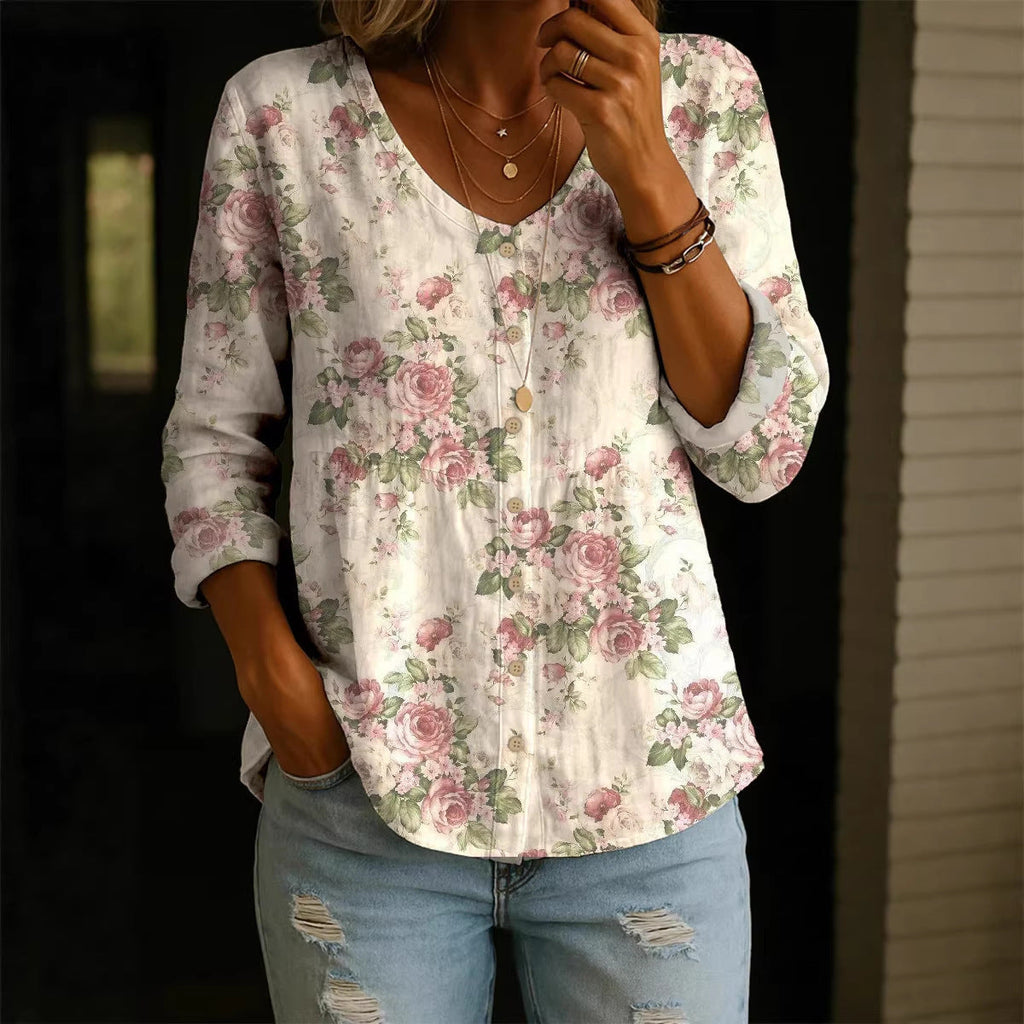 Women's Plus-Size Printed Boho Loose Fit 3/4 Sleeve Top