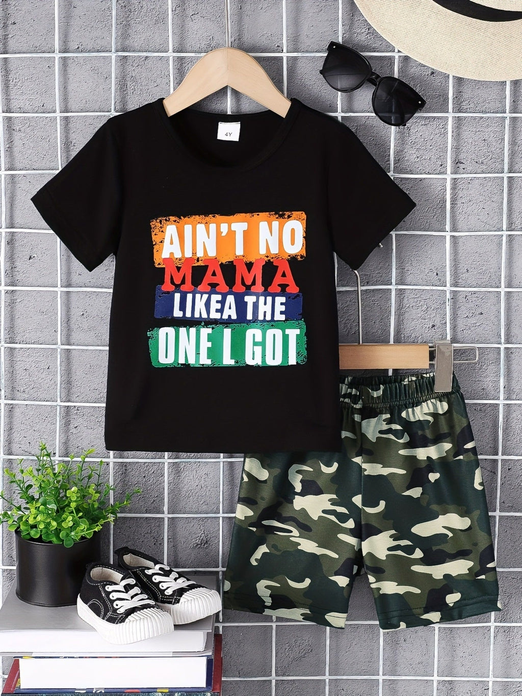 Children's Letter Graphic Tee & Camo Shorts Set