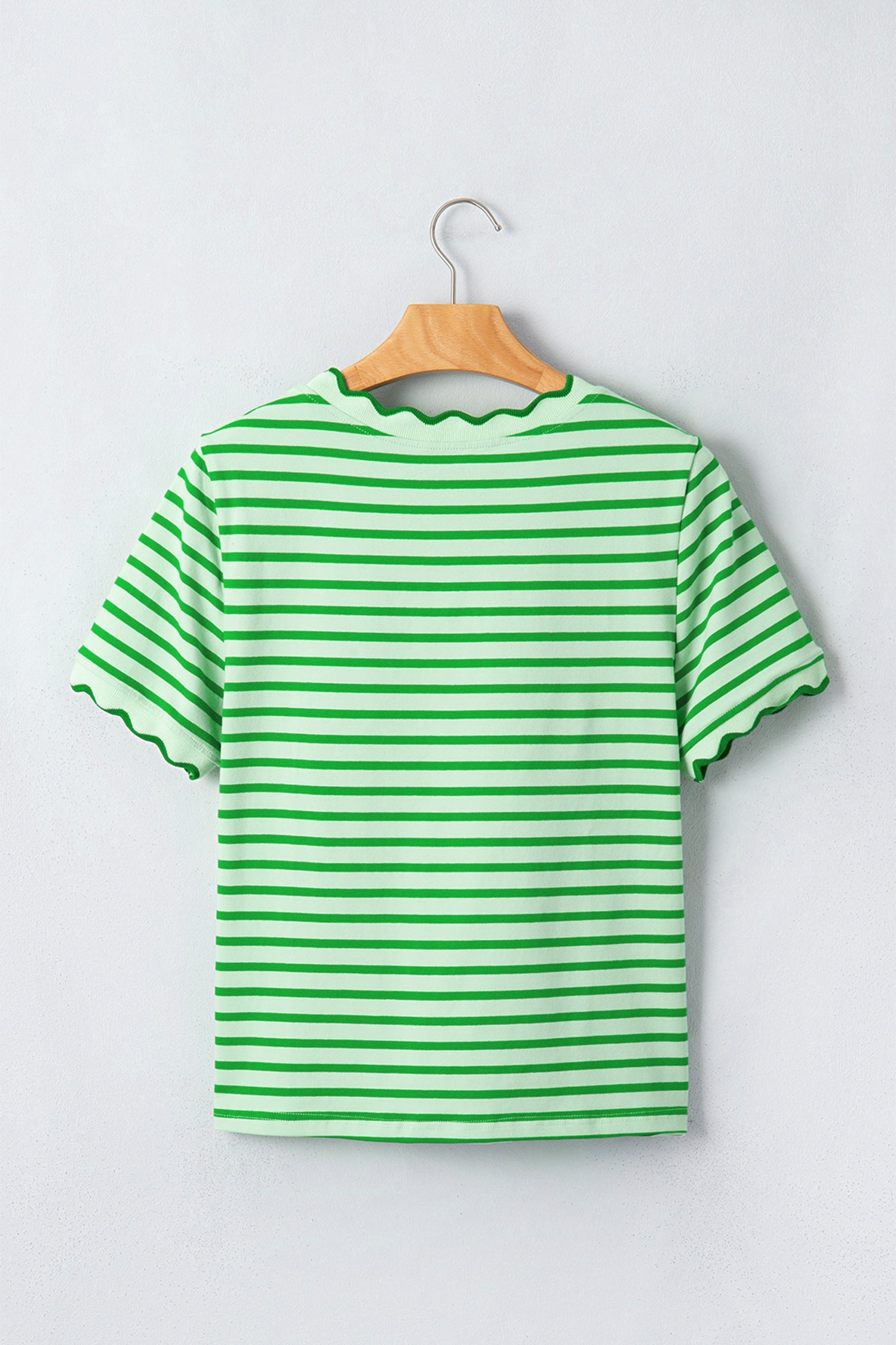 Green Stripe Scalloped Trim Round Neck T Shirt