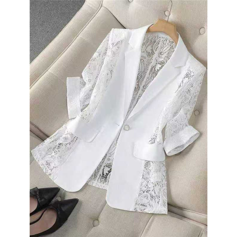 Women's Lace Patchwork Blazer | Three-Quarter Sleeve One-Button Suit Jacket in White & Black