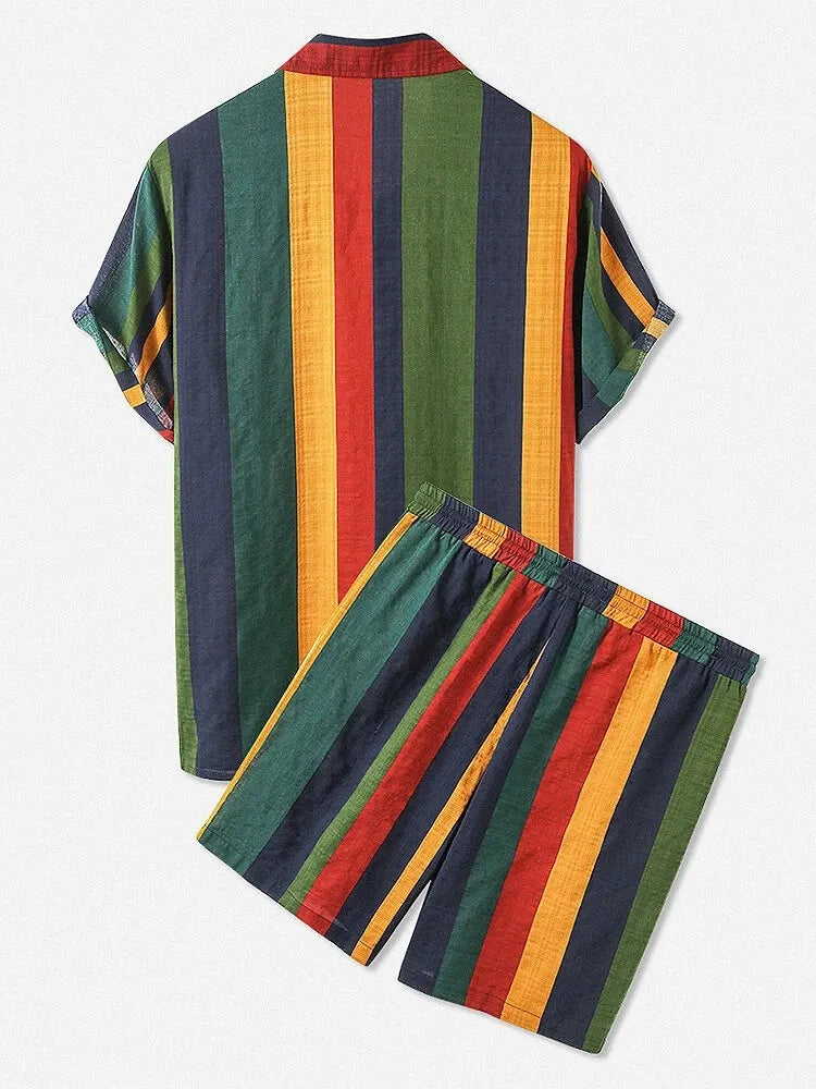 Men's Full Size Striped Button Up Shirt and Shorts Set Plus Size