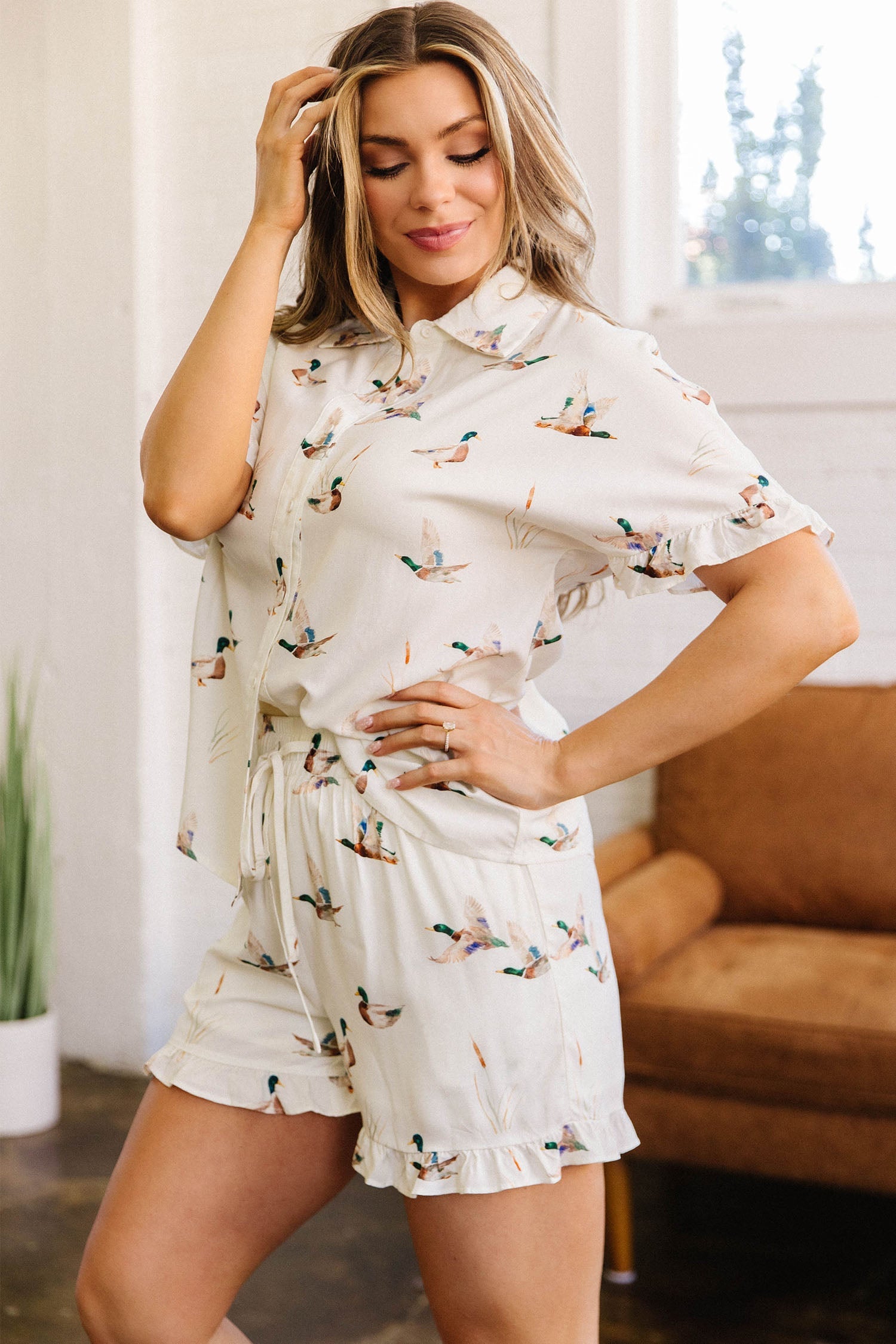 Beige Mallard Print Shirt Style Short Two Piece Set
