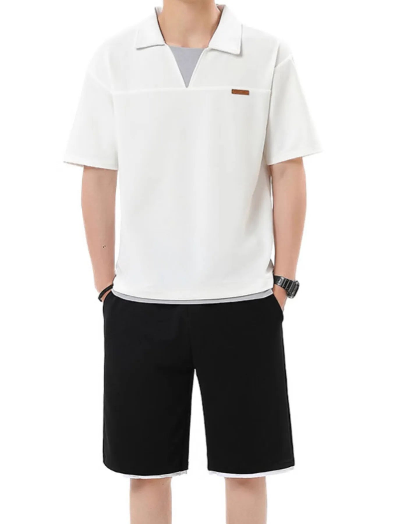 Men's Plus Size Johnny Collar Top and Shorts Set
