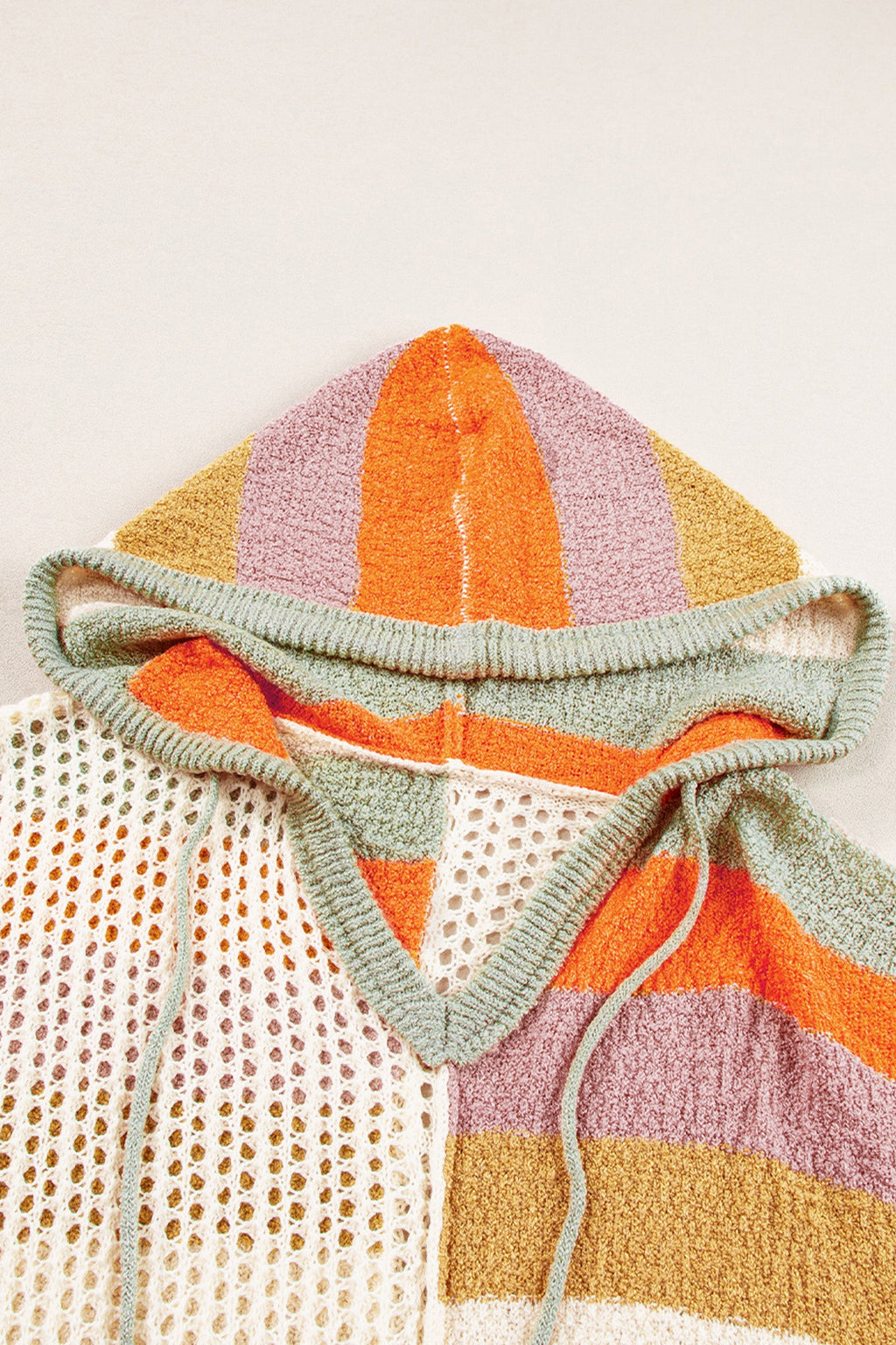 Beige Oversized Colorblock V Neck Hooded Sweater