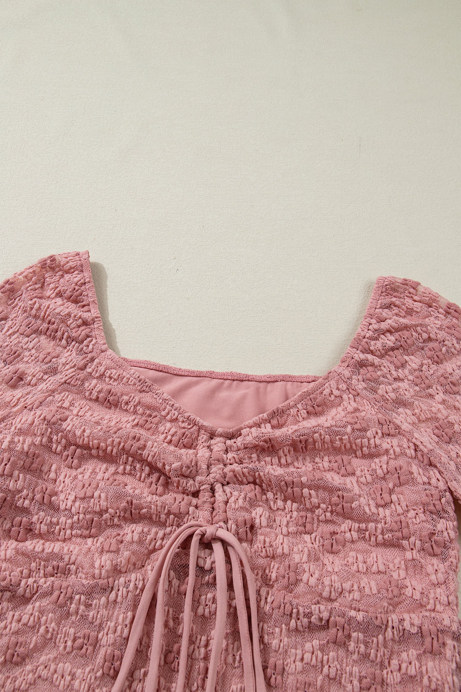 Peach Blossom Drawstring Knot Detail Floral Lace Blouse