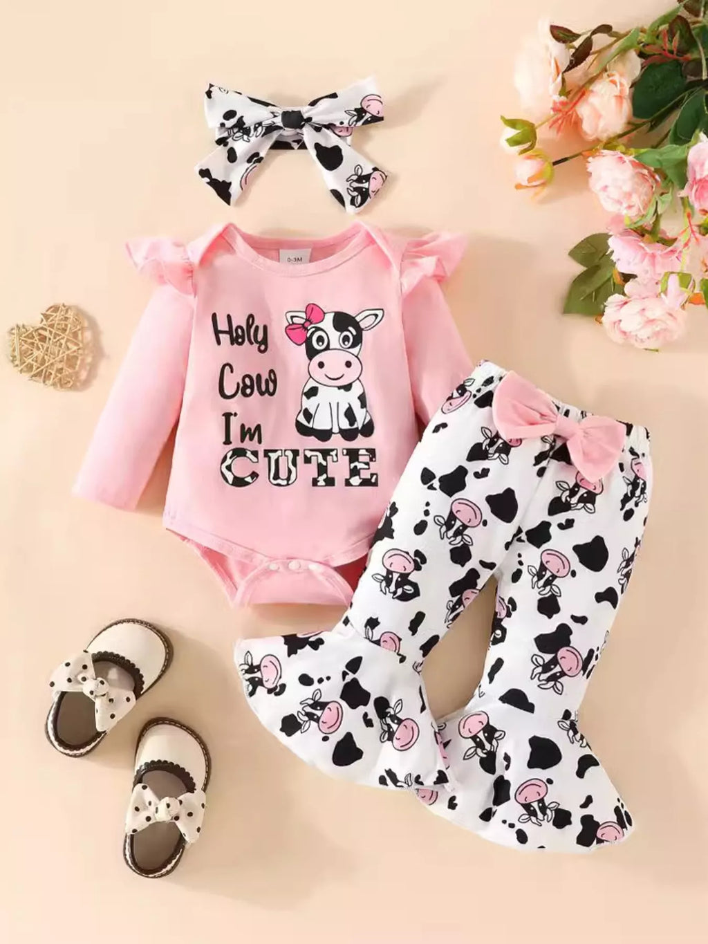 Children's Cow Graphic Ruffle Trim Bodysuit and Pants Set