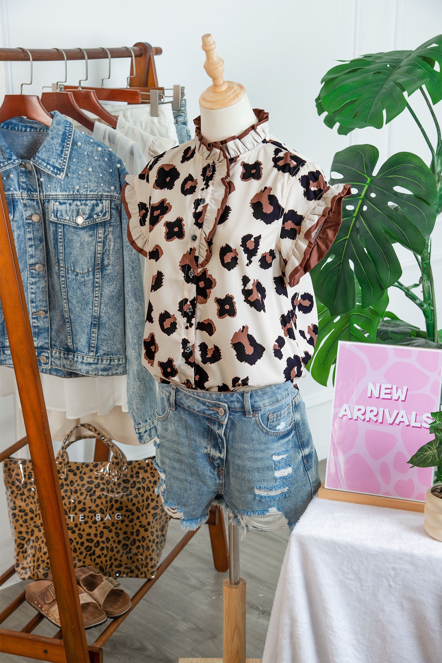 Khaki Leopard Printed Ruffle Sleeve Summer Blouse
