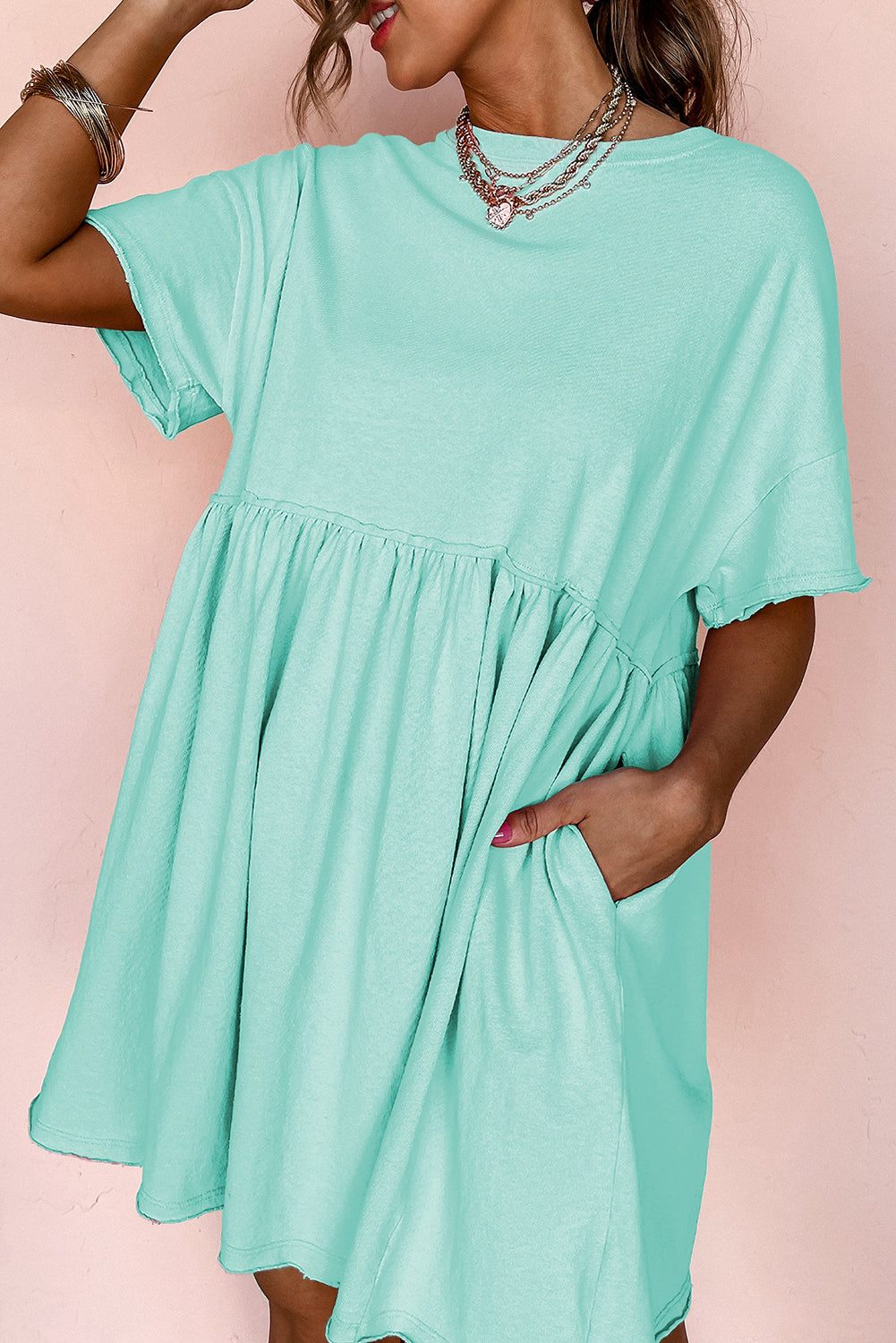 Moonlight Jade Solid Color Pocketed Raw Edge Babydoll Dress