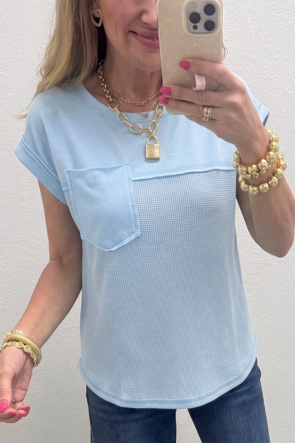 Light Blue Solid Color Raw Seam Waffled Patchwork Casual T Shirt