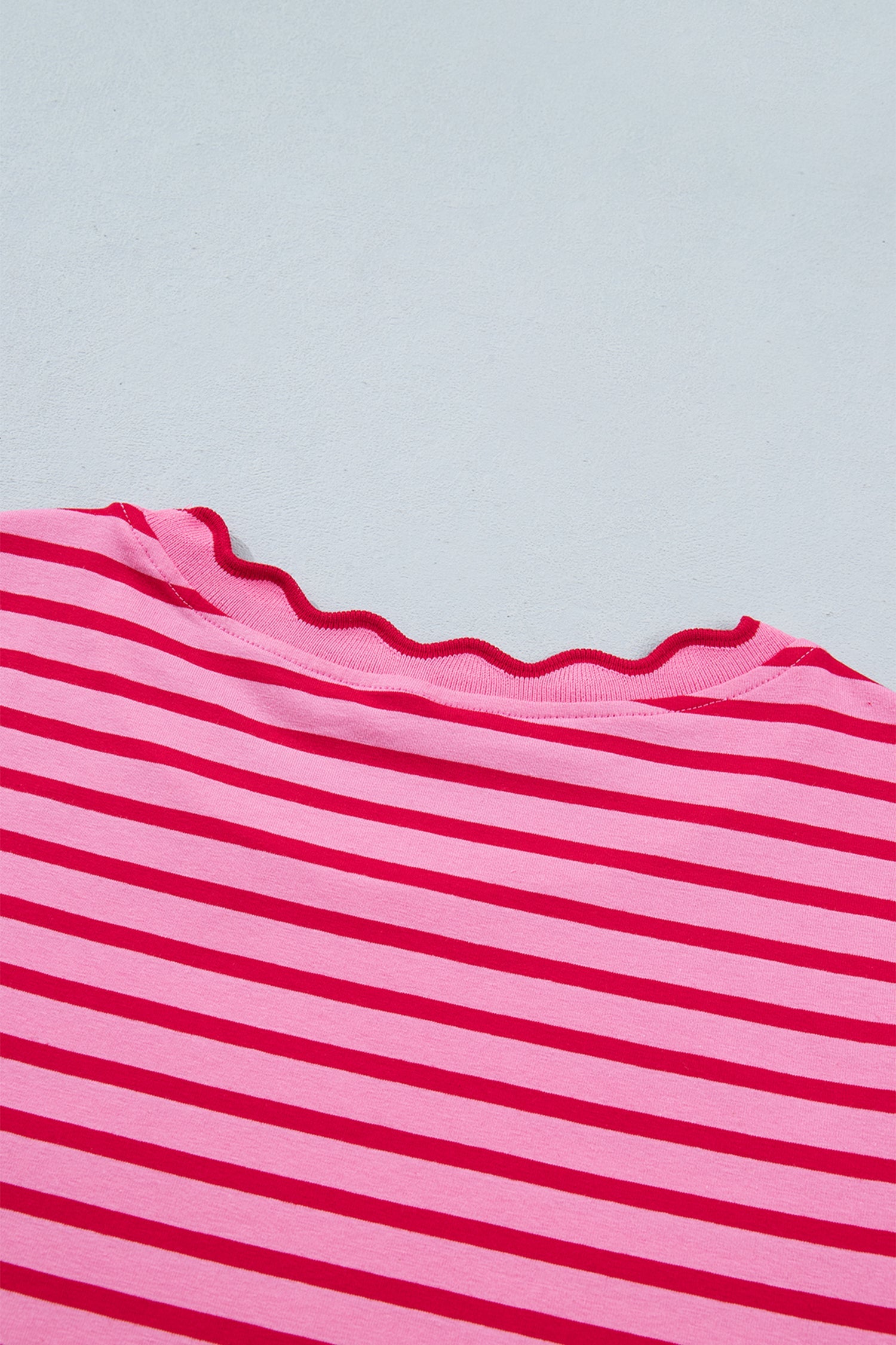 Pink Stripe Scalloped Trim Round Neck T Shirt