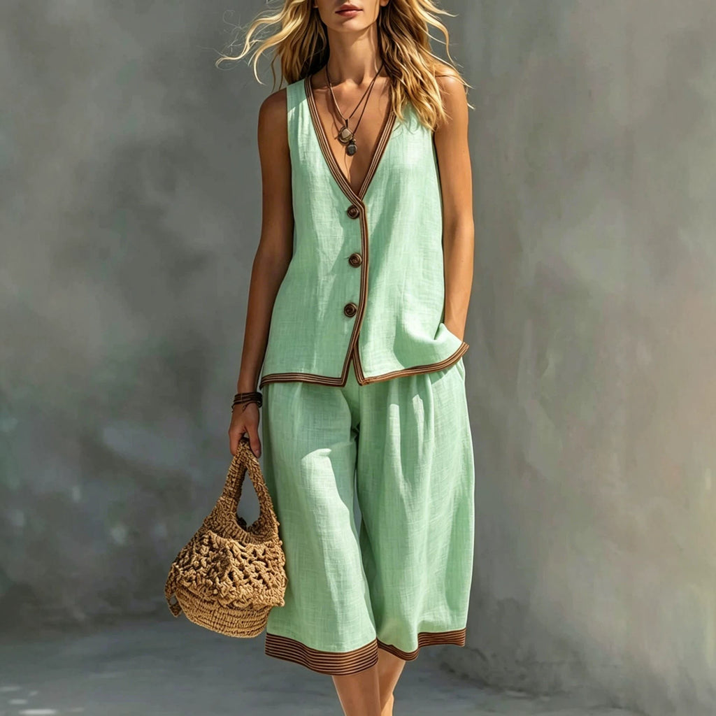 Women's Sleeveless Buttoned Vest & Shorts Two-Piece Set