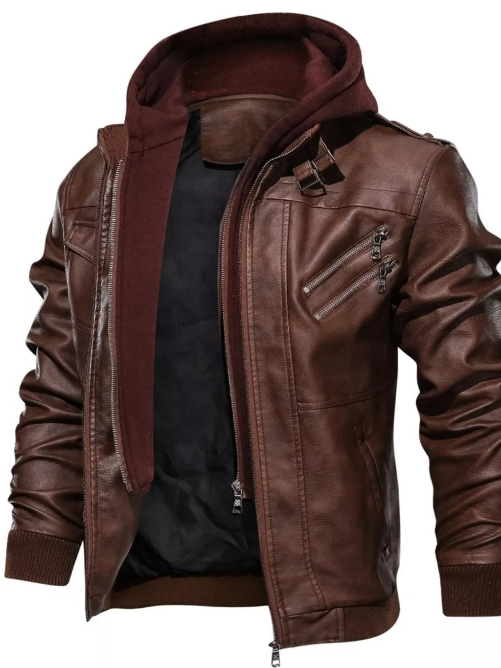 Men's Full Size Hooded Faux Leather Moto Jacket Plus Size
