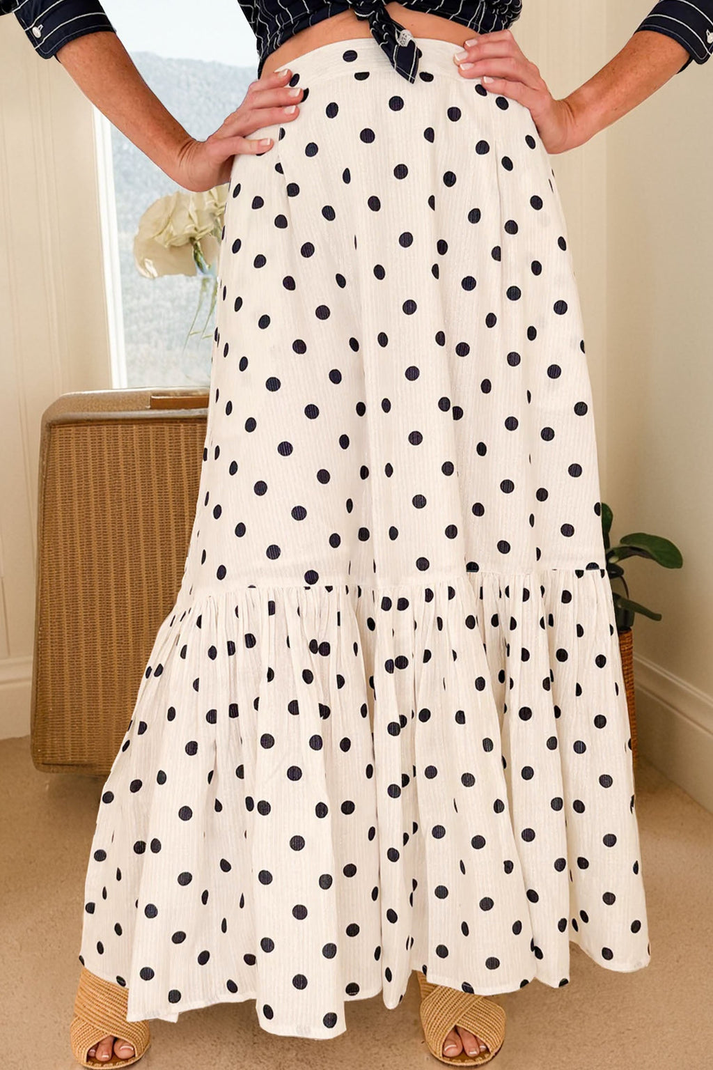 White Polka Dot Ruffled Slit Maxi Skirt