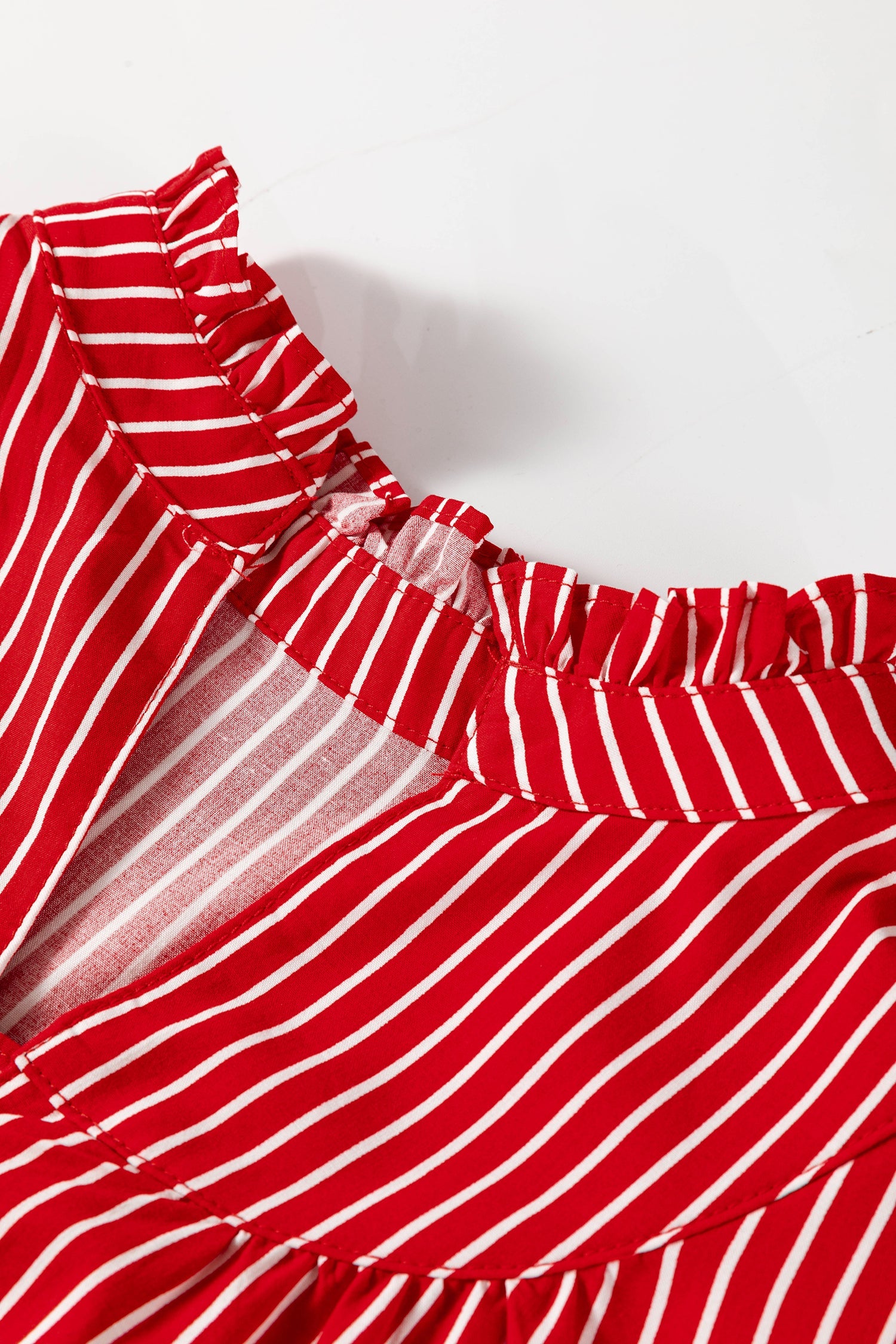 Red Stripe Ruffled Short Puff Sleeve Button Front Blouse