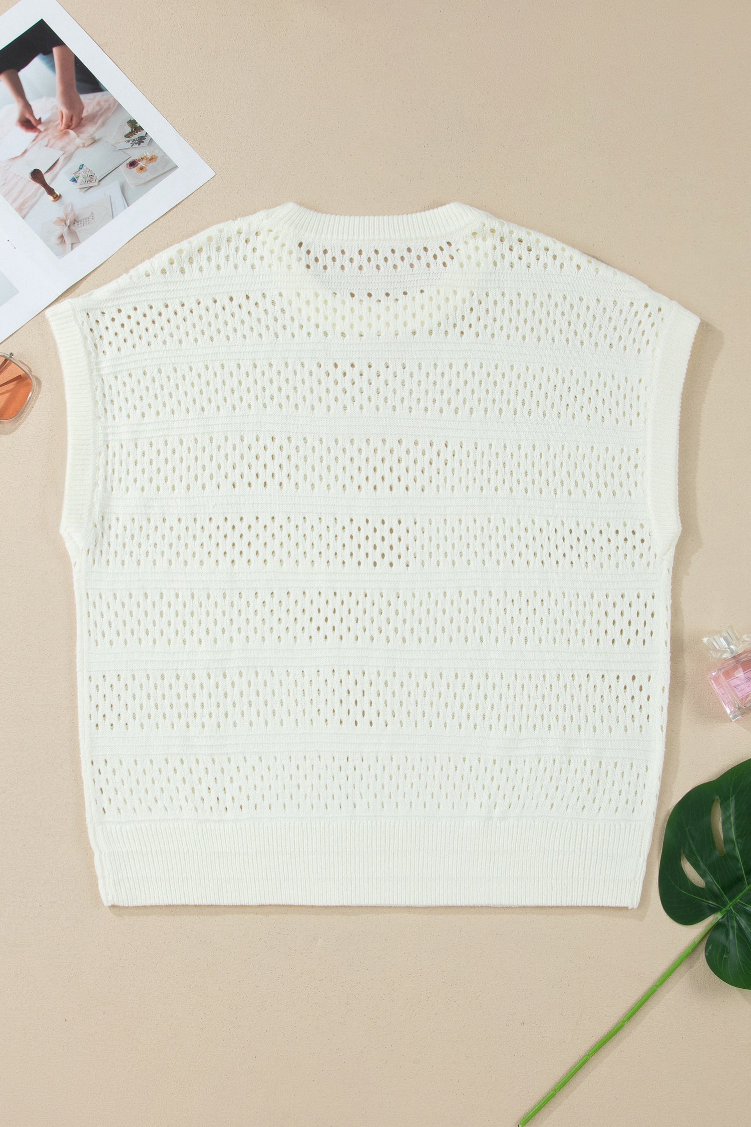 White Plus Size Eyelet Hollow Out Knit Ribbed Trim Short Sleeve Dolman Sweater