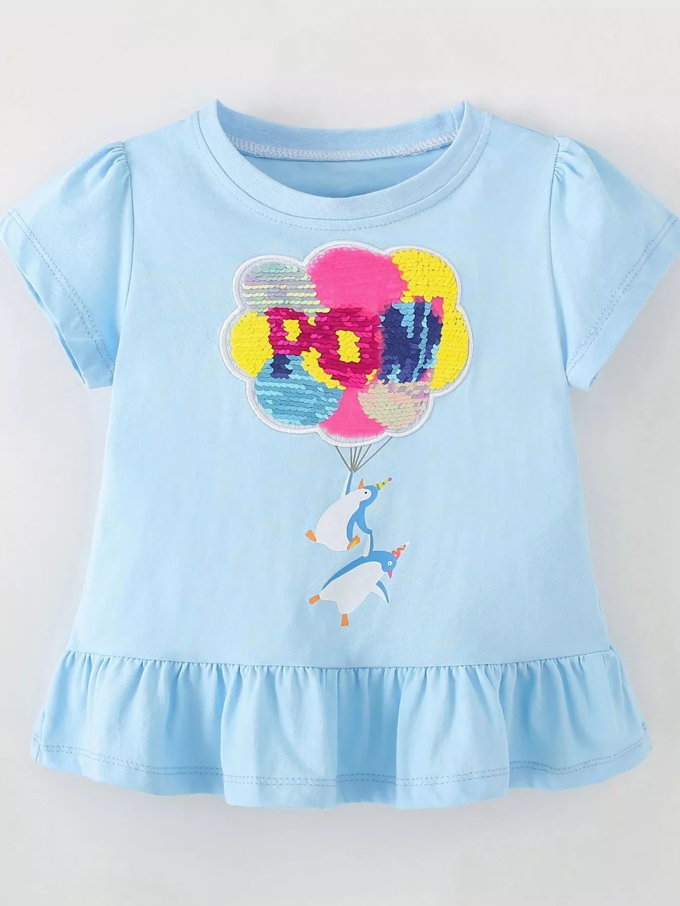 Children's Sequin Penguin Balloon Ruffle Hem T-Shirt