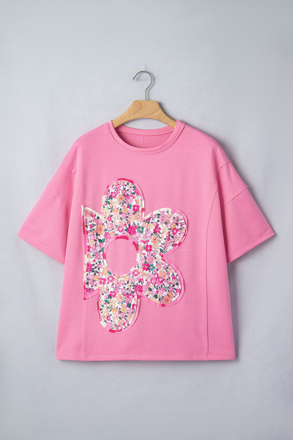 Bright Pink Floral Patched Raw Seam Big Flower Oversize Tee