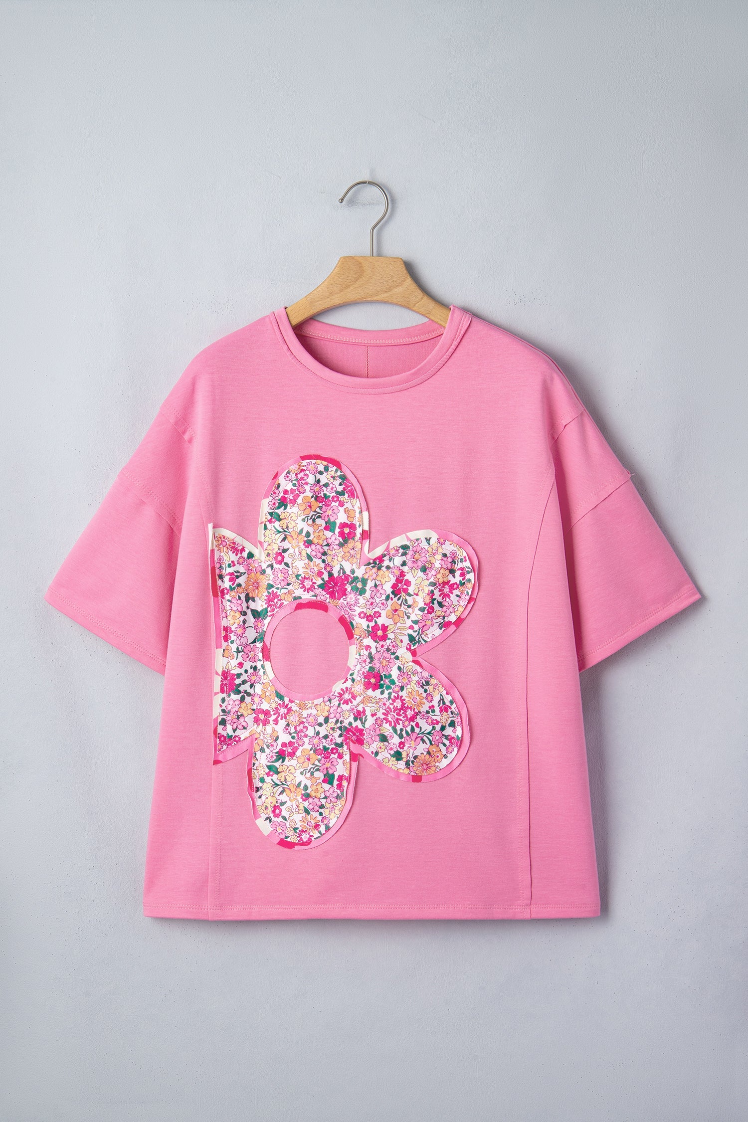 Bright Pink Floral Patched Raw Seam Big Flower Oversize Tee