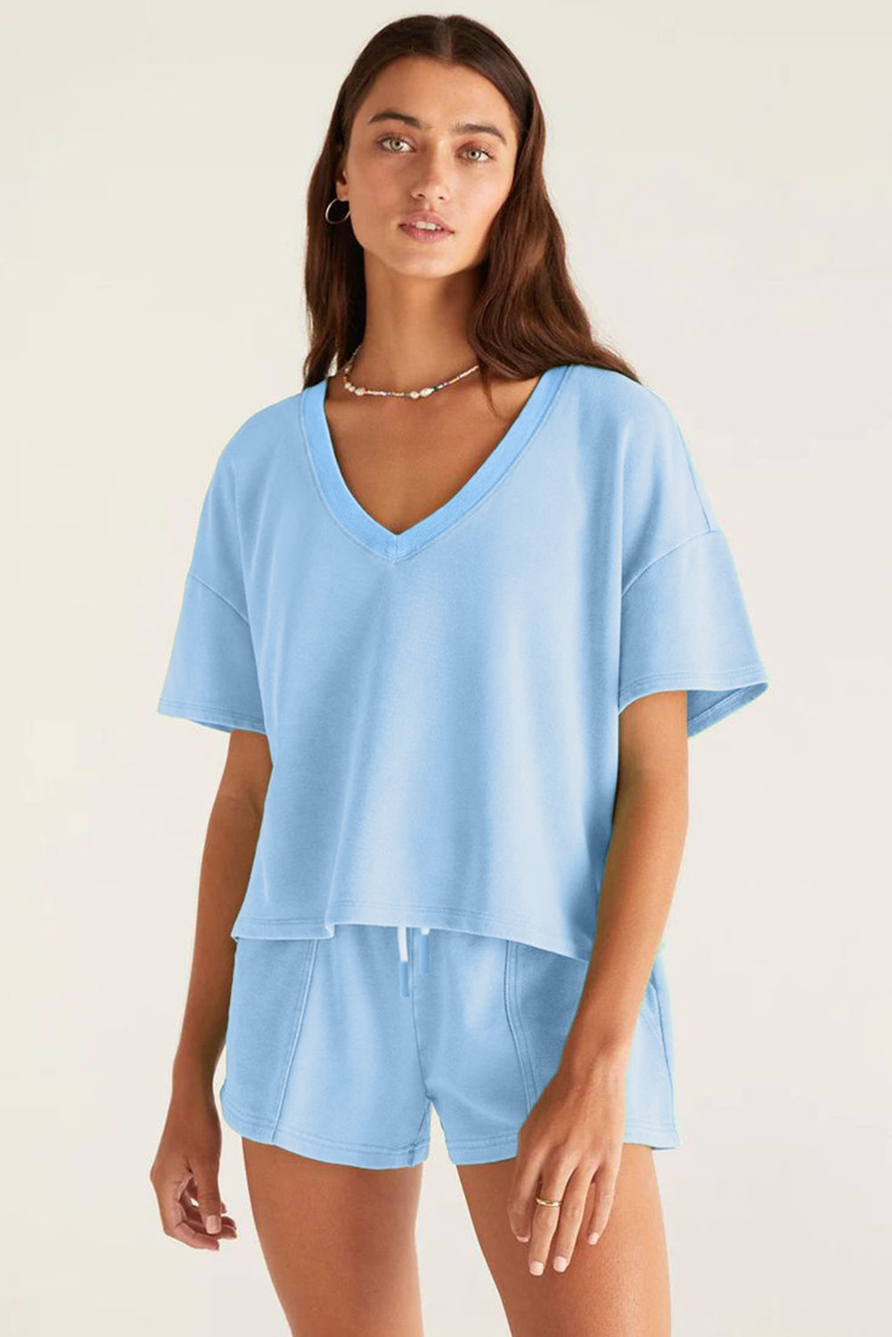Mint Green V Neck Drop Shoulder Tee and Patchwork Shorts Set