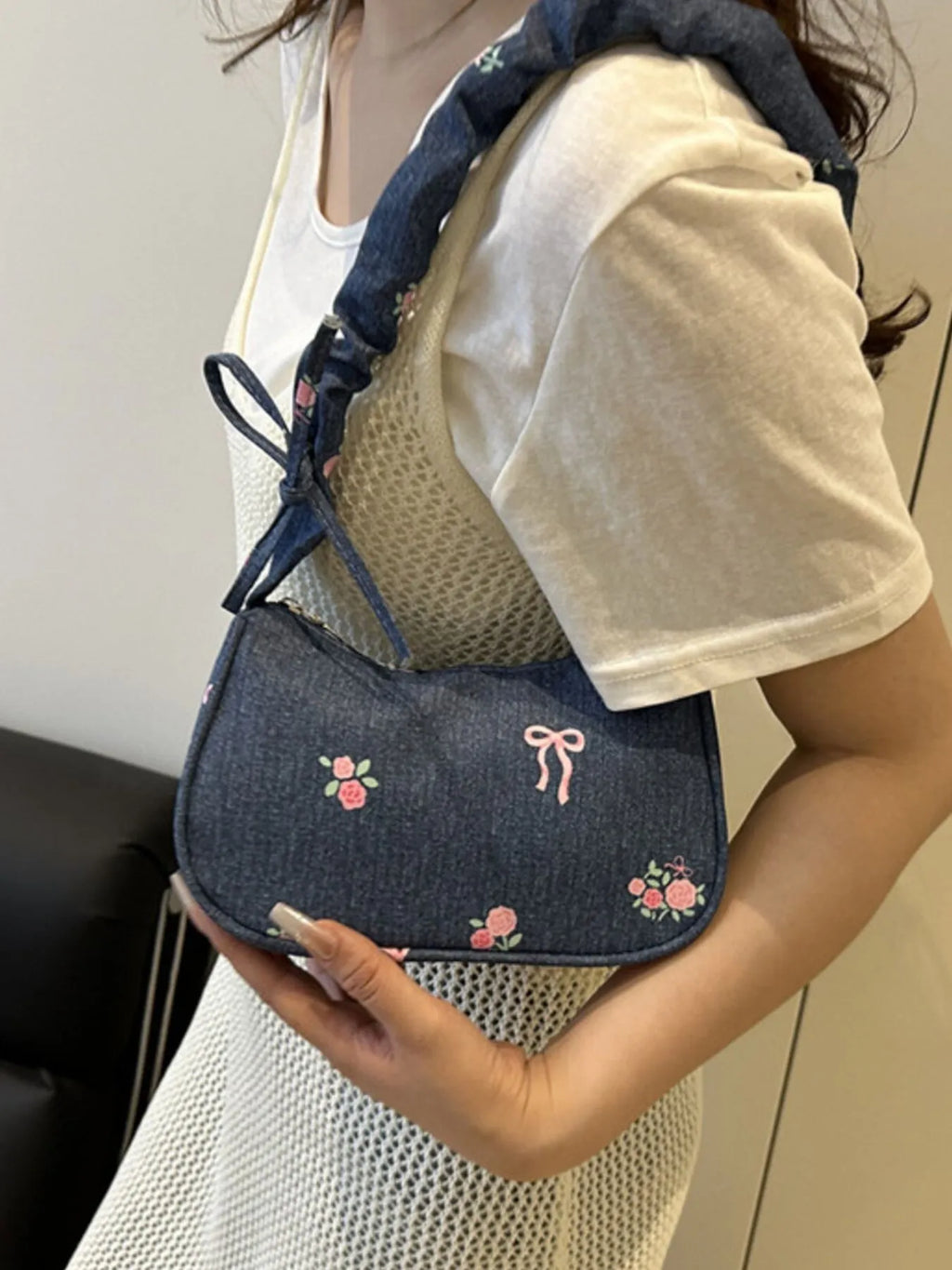 Embroidered Ruched Strap Shoulder Bag