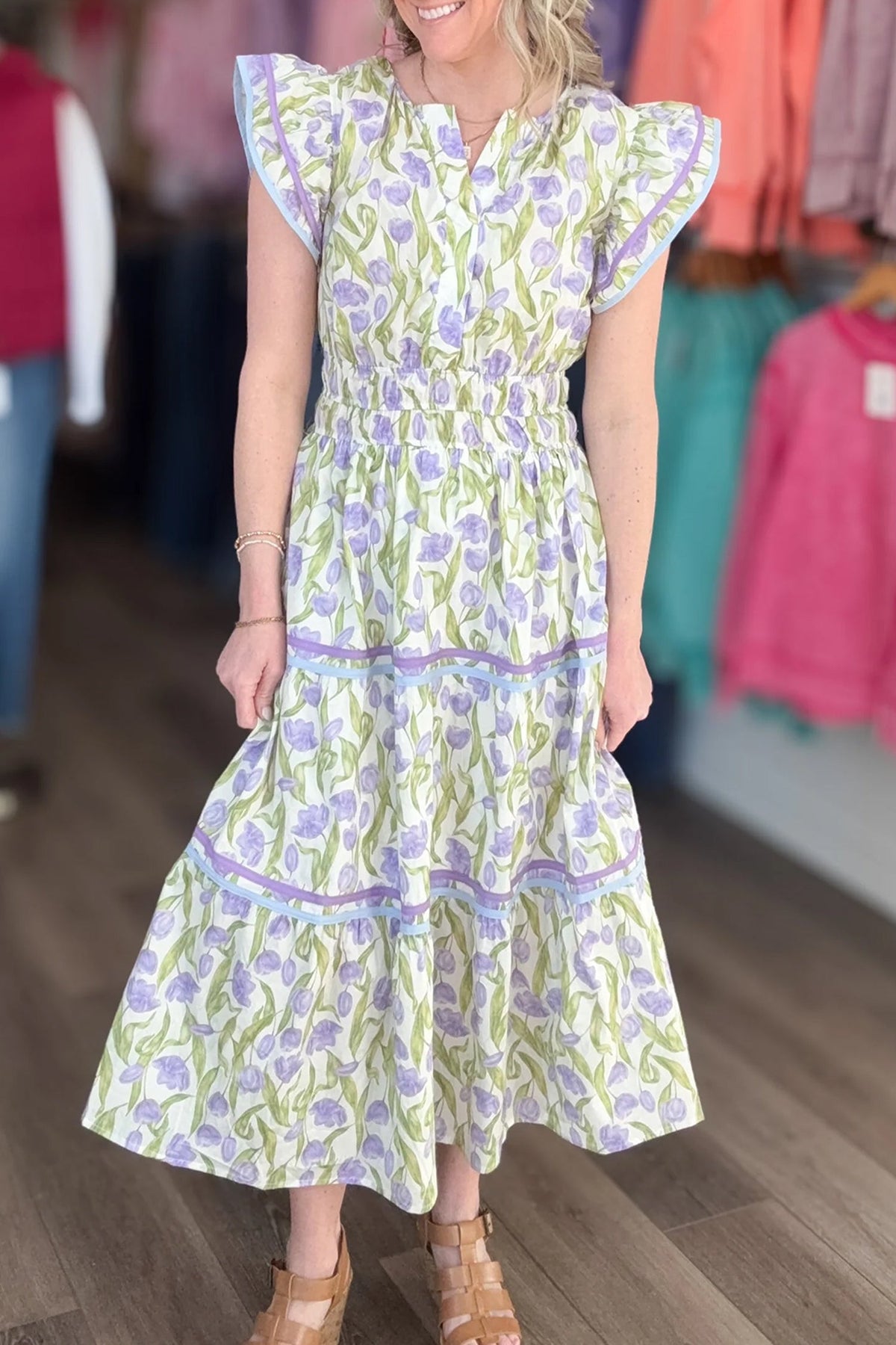 Purple Tulip Floral Print Contrast Trim Midi Dress