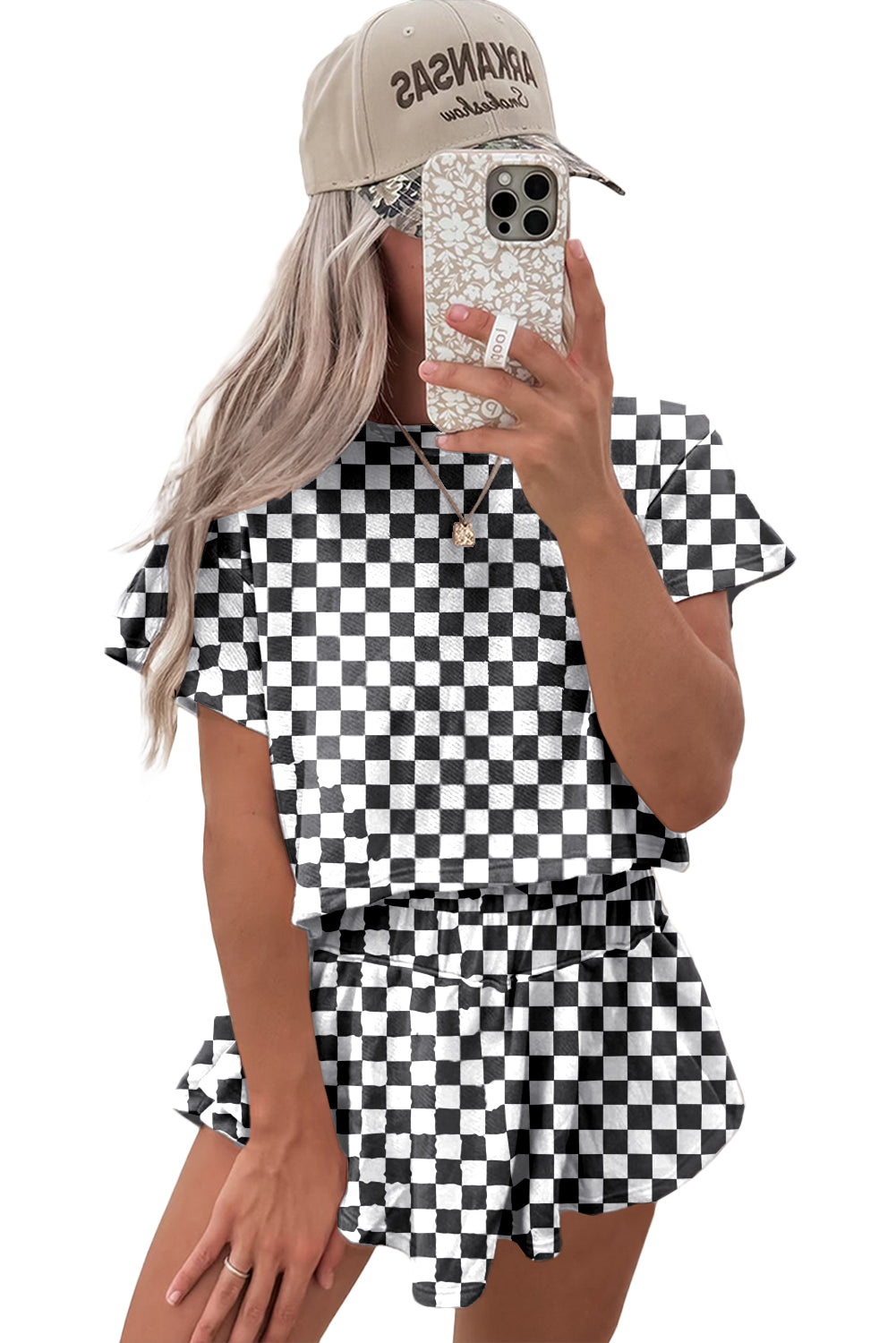 Brown Checkerboard T Shirt and High Waist Skorts Set