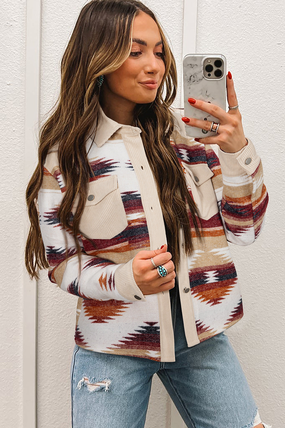 Multicolour Western Aztec Ribbed Patchwork Double Flap Pocket Raw Hem Shacket