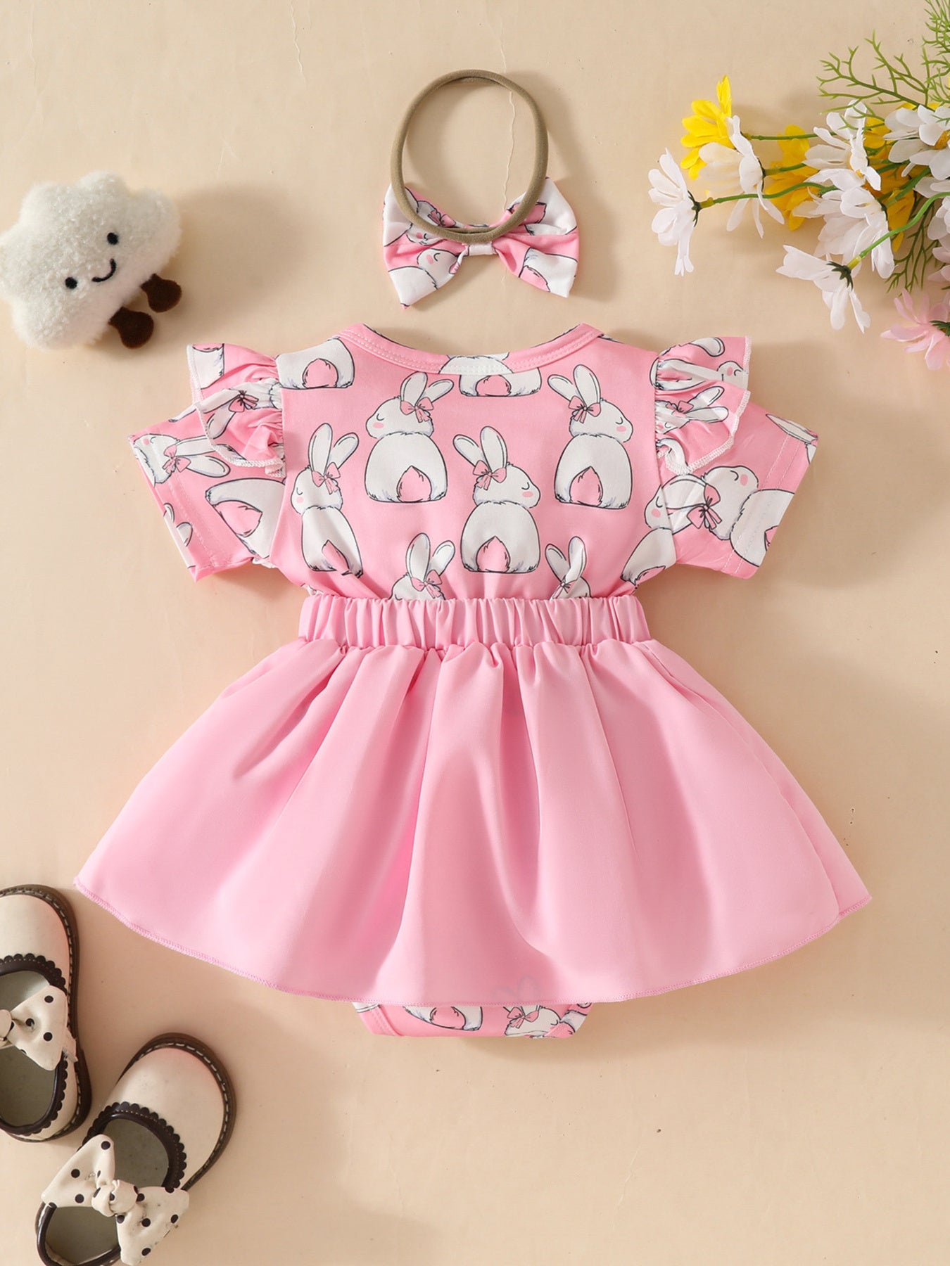 Children's Bunny Applique Bodysuit Dress & Headband Set