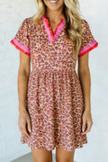 Khaki Leopard High Waist Ruffled Colorblock Trim Short Dress