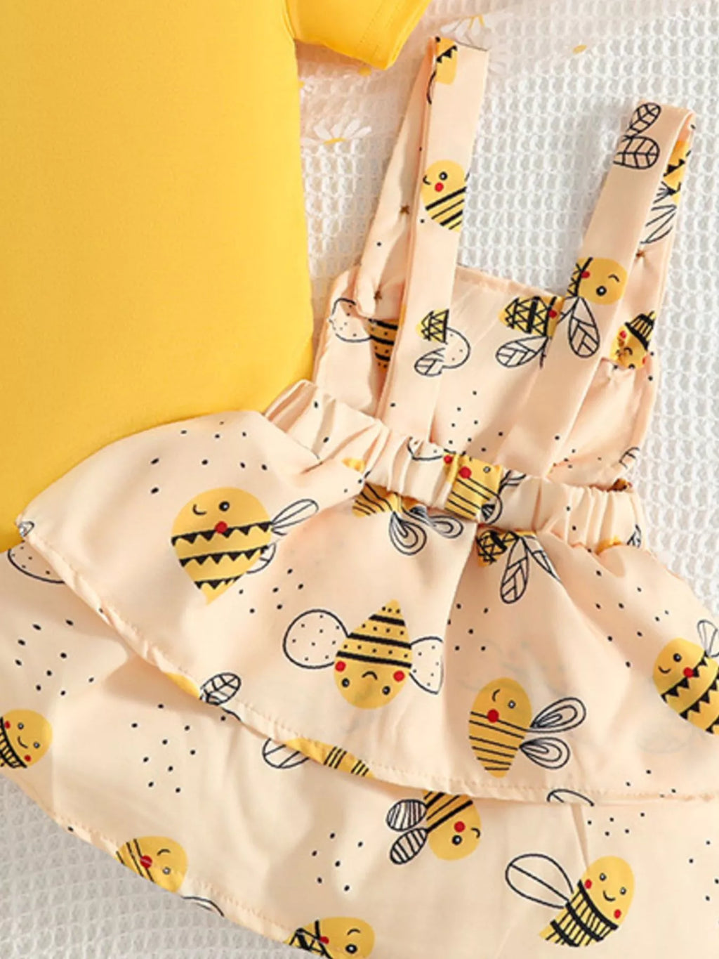Children's Ruffle Trim Bodysuit and Bee Print Dress Set with Headband