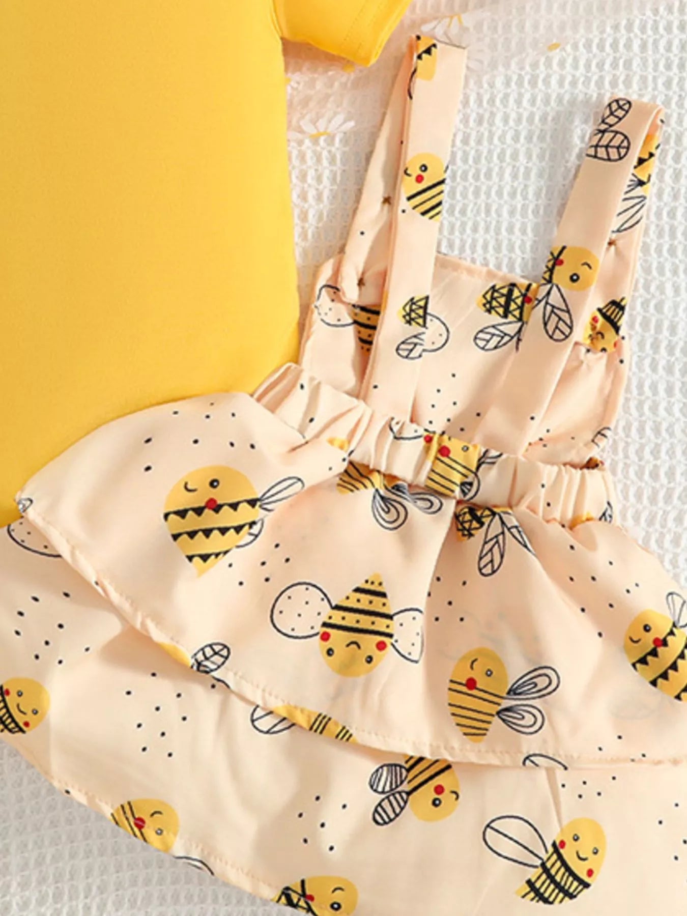 Children's Ruffle Trim Bodysuit and Bee Print Dress Set with Headband